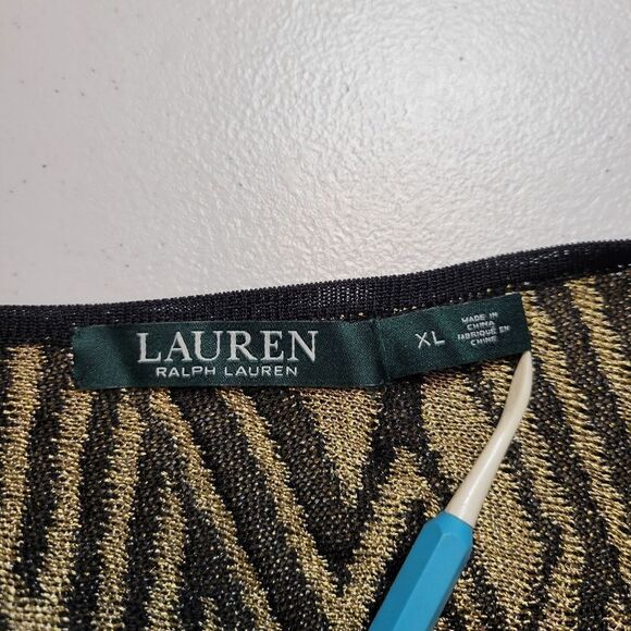 Lauren Ralph Lauren Gold and Black Knit Vneck Cold Shoulder Short Sleeve Top - Picture 7 of 9